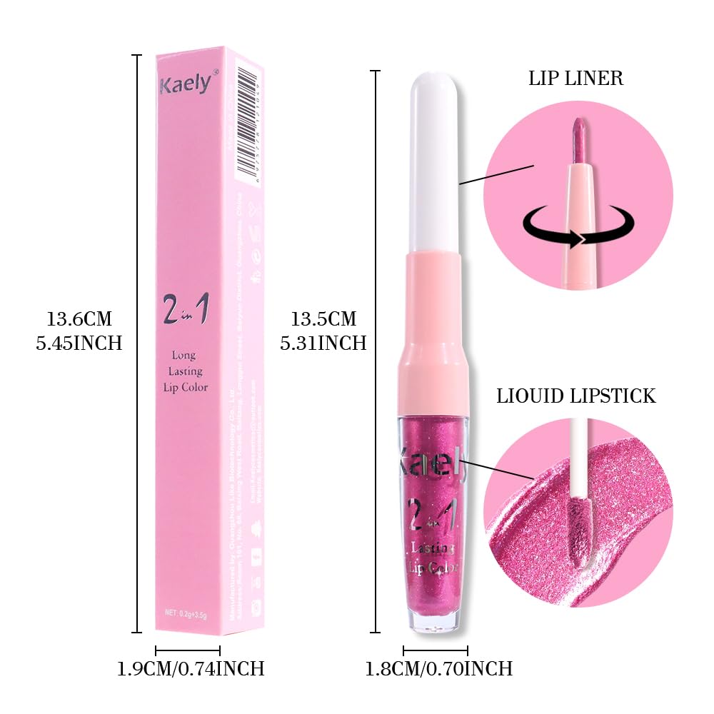 Kaely 2-in-1 Rose Metallic Lipstick and Lip Liner, Shimmer Liquid Metallic Lipsticks for Women, Glitter Lip Gloss Stain Long Lasting Waterproof Smudge Proof 24 Hour, Vegan Makeup, 15