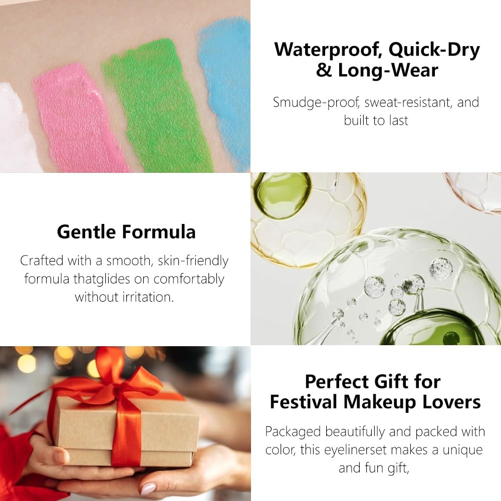 6 Pcs Colorful Matte Liquid Eyeshadow Eyeliner Set, White, Pink, Green, Blue, Purple, Dark Blue, Halloween Stage Clown Children's Makeup, Quick-Drying, Long-Lasting, Waterproof (6Pcs-Matte Colorful 1)