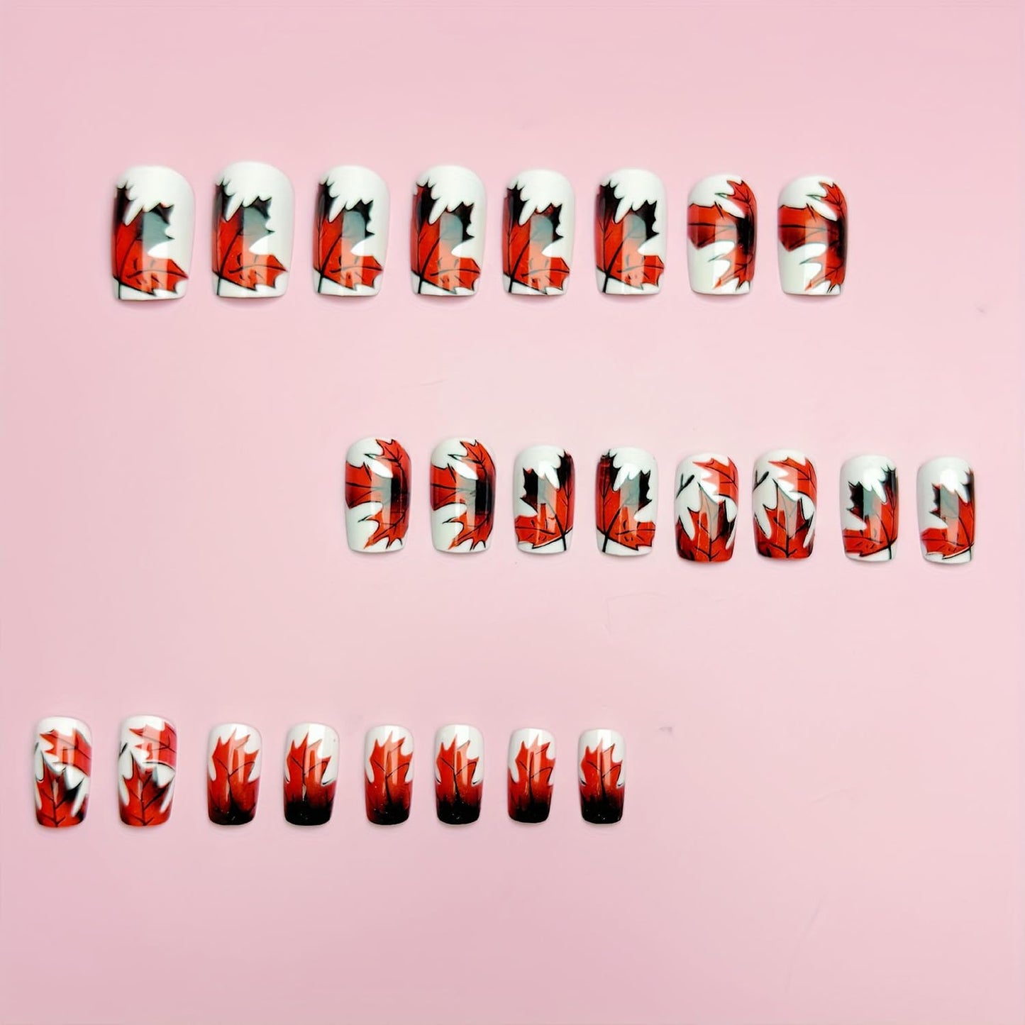 Fall Maple Leaf Press on Nails Medium Square Thanksgiving Fake Nails for Women Autumn Maple Leaves Acrylic Glue on Nail Glossy Reusable Artificial Stick on Nail