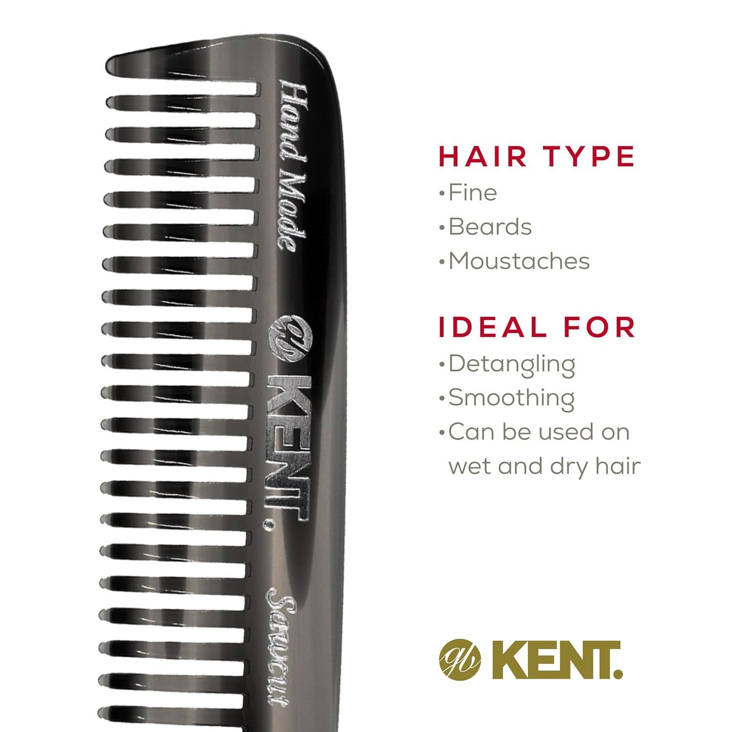 Kent 93T Black Graphite Beard Comb for Men - Wide Tooth Men's Comb, Ideal For Mustaches and Beards and Facial Hair, Small Pocket Sized Travel Detangler Combs, Saw-Cut, Hand Polished, Made in England