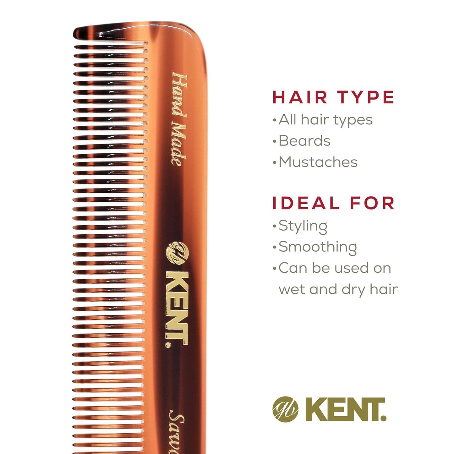 Kent A FOT Handmade Pocket Comb for Men, Women and Kids, All Fine Tooth Hair Comb Straightener for Everyday Grooming and Styling Hair, Beard and Mustache, Saw Cut and Hand Polished, Made in England