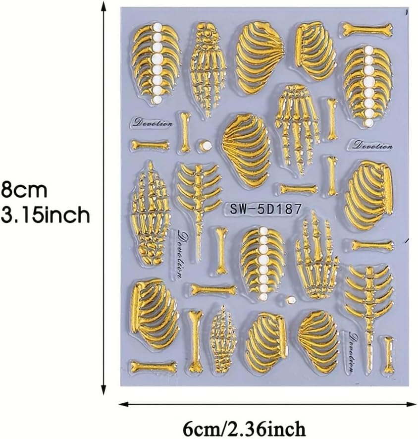 3Pcs Skull & Ribcage 5D Nail Stickers - Y2K Gothic Horror Design, Self-Adhesive Foil Decals Halloween Nail Art, Single-Use Plastic Embossed Animal Print, Golden, White, Rose Gold Skull Nails Decals