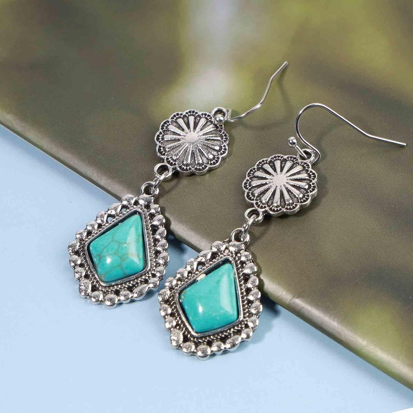 Boho Oval Turquoise Earrings Silver Circle Dangle Drop Earrings Vintage Flower Earrings Tribal Earrings Jewelry for Women and Girls