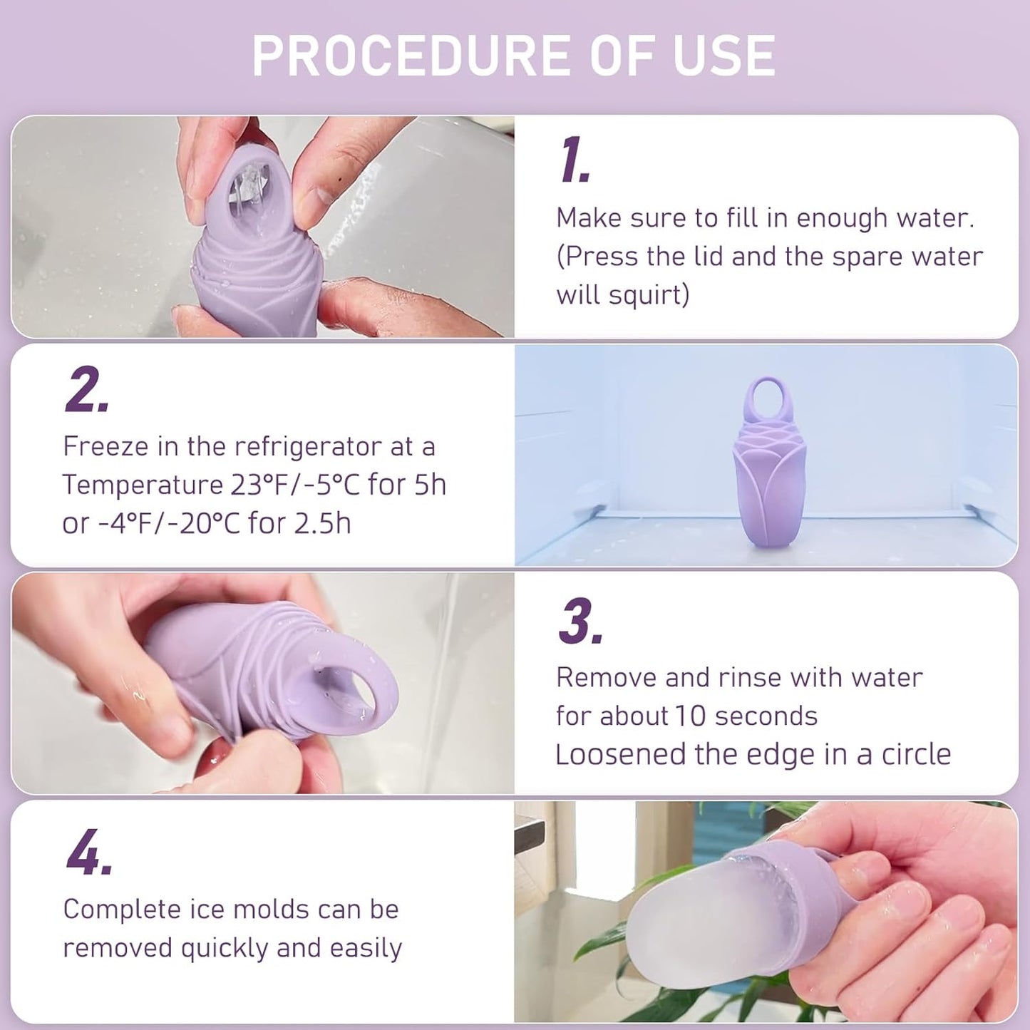 3 Pcs Facial Ice Roller Silicone Mold Reusable for Face Women and Eye Neck Cold Skin Care Tools Freezer De Puff Eye Bags Reduce Migraine Pain Purple