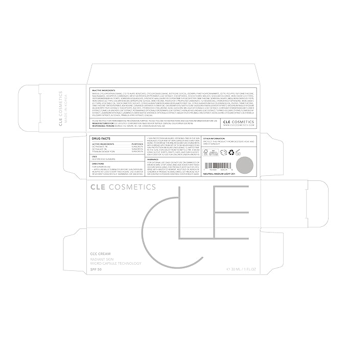 CLE Cosmetics CCC Cream (Neutral Medium Light 201 / SPF 50) - Color Correcting CC Cream with Sunscreen - Lightweight, Hydrating, Light to Medium Coverage Foundation - BB & CC Hybrid - 1 fl oz