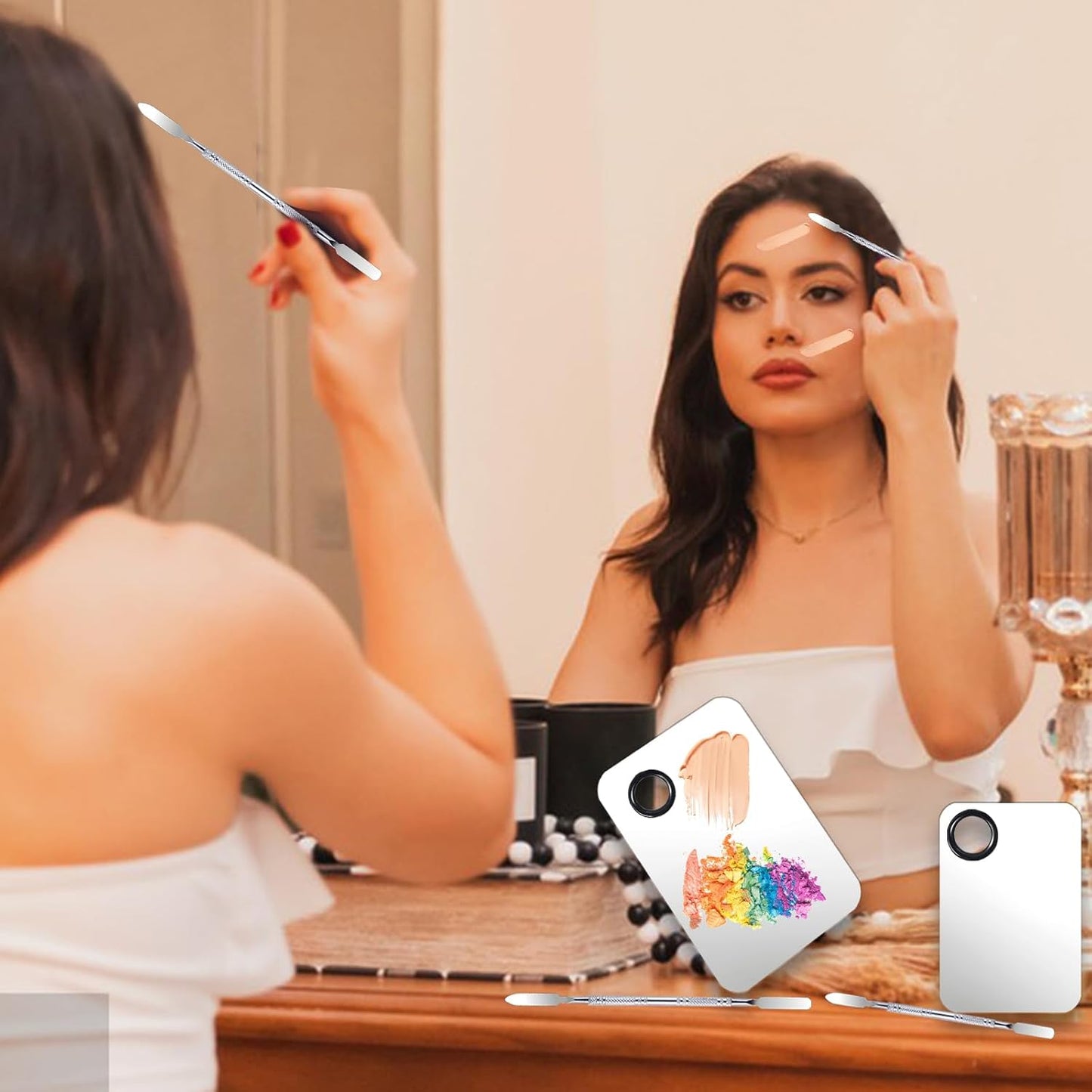 2 Set Makeup Mixing Palette,Stainless Steel Makeup Palette with Spatula Professional Make up Artist Must haves,Suitable for Mixing Foundation Make up Eye Shadow and Nail 