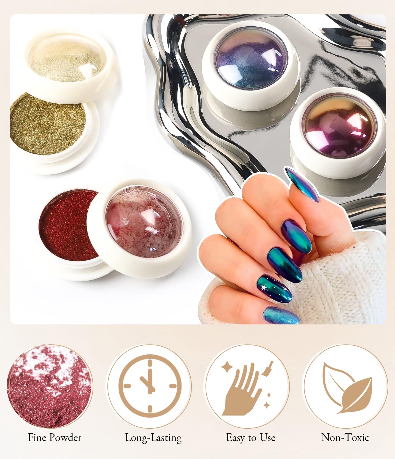 Chrome Nail Powder Set - Metallic Mirror Effect Holographic White Pearl Chrome Nail Powder for Gel Nails DIY Manicure Nail Art Decoration Gift for Women