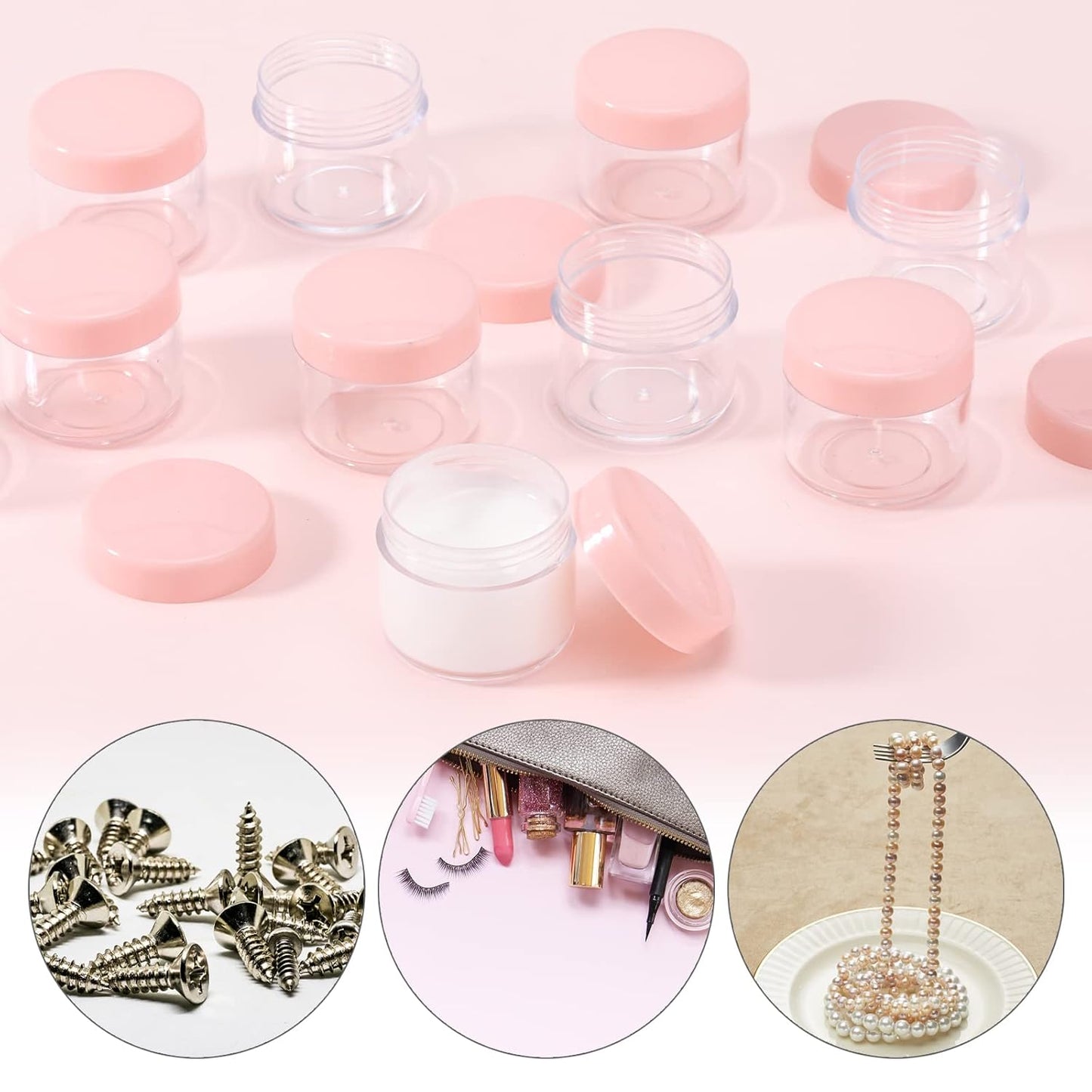 100 Count 20g Sample Containers with Lids,Refillable Cosmetic Containers Small Plastic Jars Lip Scrub Container - Pink