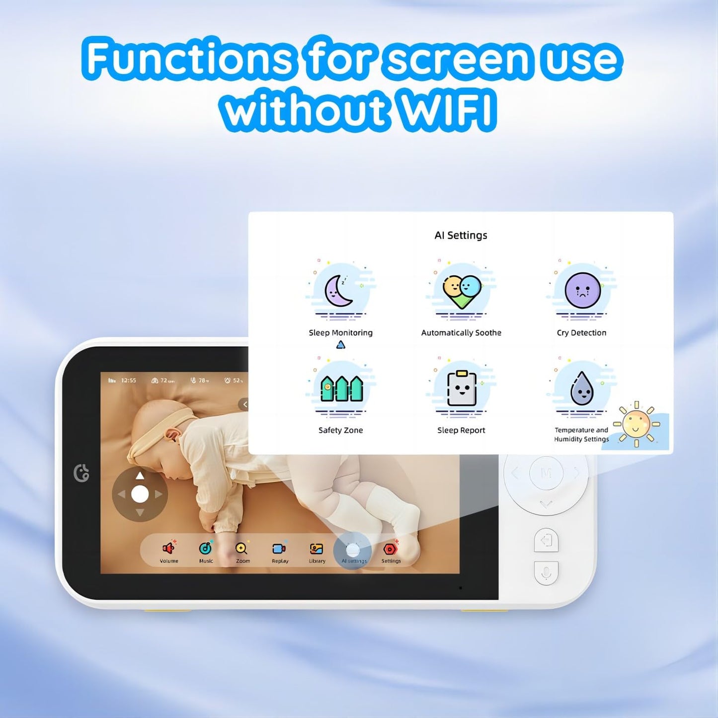Ellie Video Baby Monitor, Full AI Function Monitor with Camera and Audio, Two Way Control for no WiFi or WiFi, Face Covered Alert, Sleep Analysis, Breathing Detection