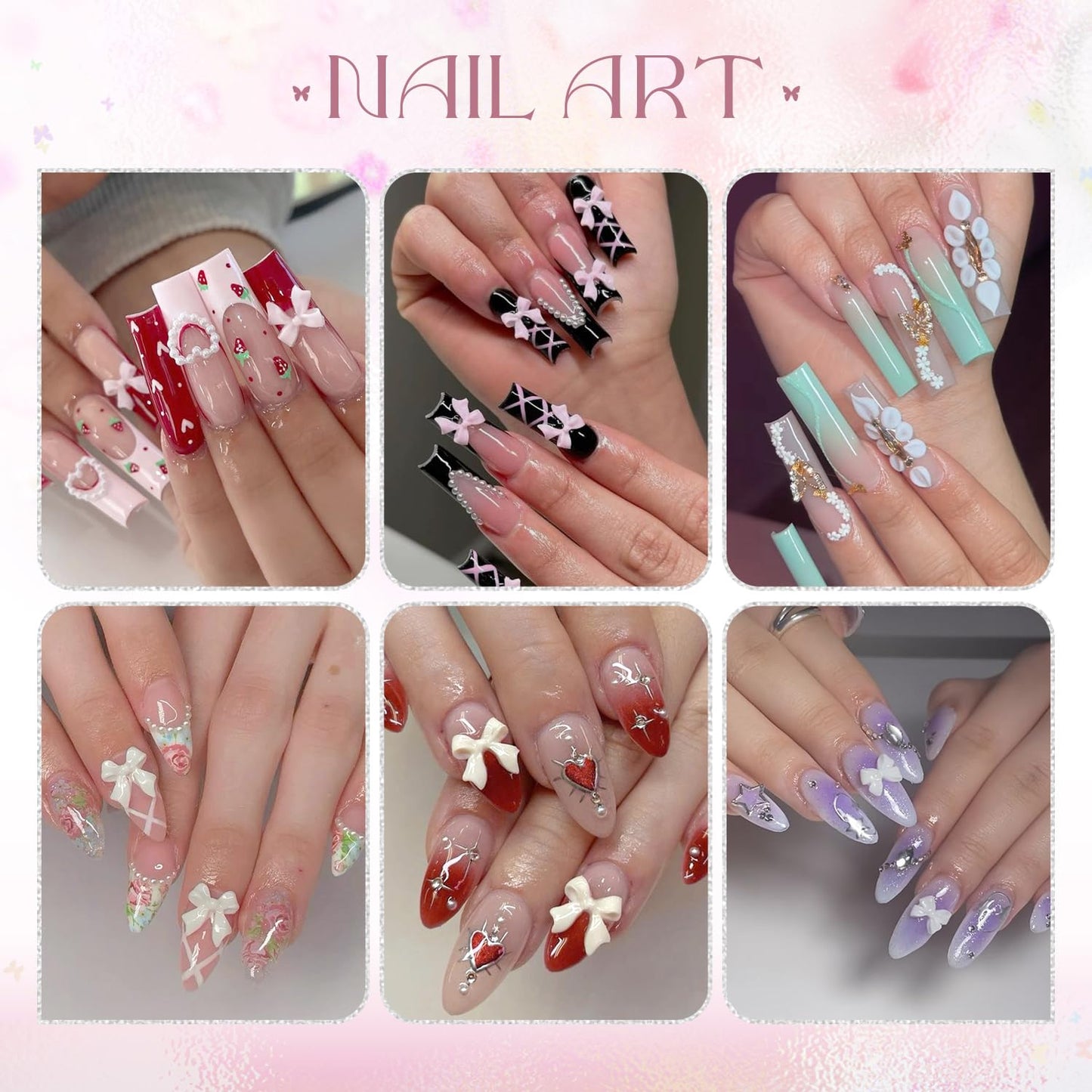 3D Nail Charms and Gems Set 8 with Rhinestone Glue, 20PCS Chunky Butterfly Charms + 75PCS Coquette Nail Bows and Hearts + 3D Flowers with Crystals, Pearls, Diamonds and Picker Tools for Y2K Nail Decor