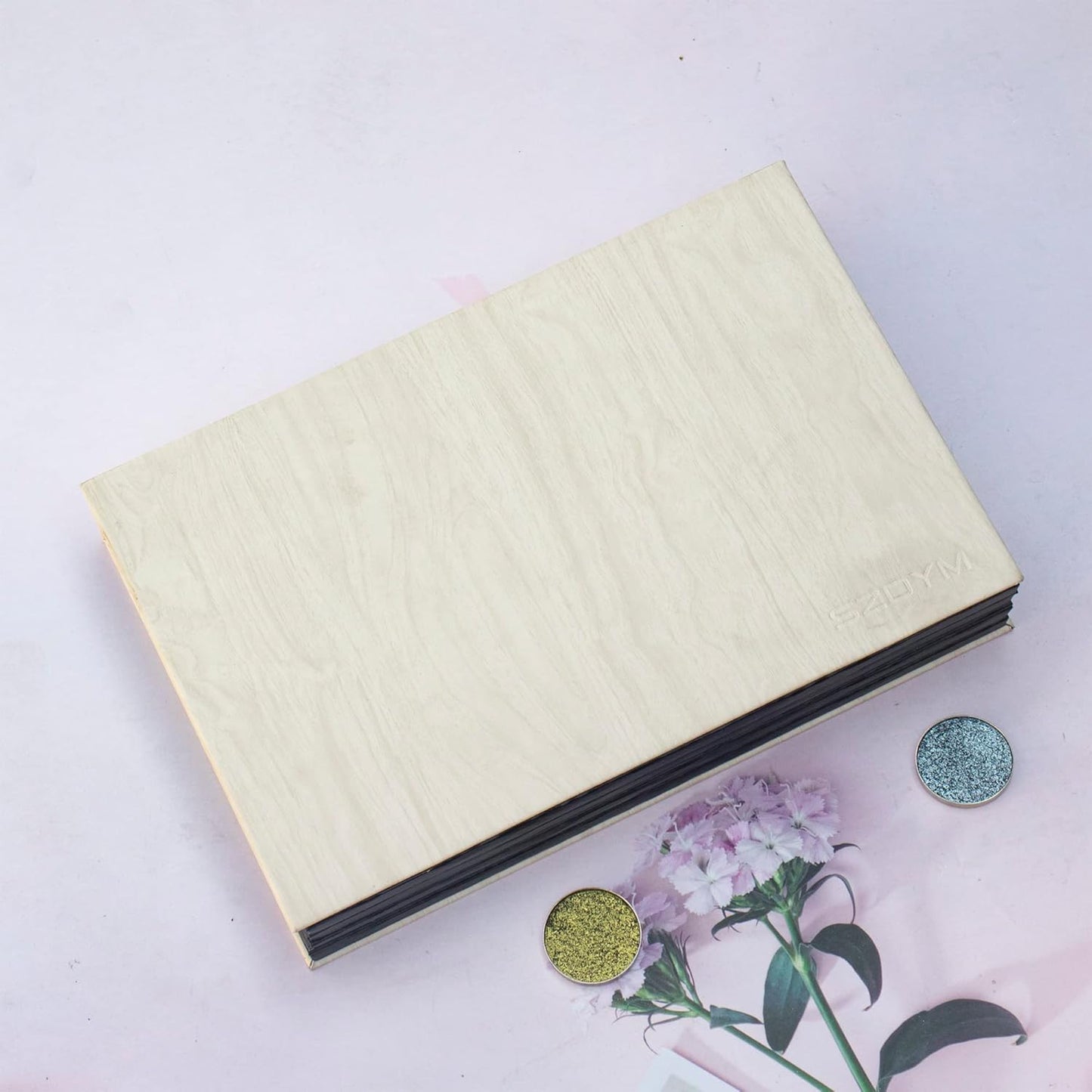 Strong 4-layers Empty magnetic palette book palette(White wood grain)+1pcs Makeup Depotting Spatula+50pcs Round Metal Stickers+50pcs Square Metal Stickers