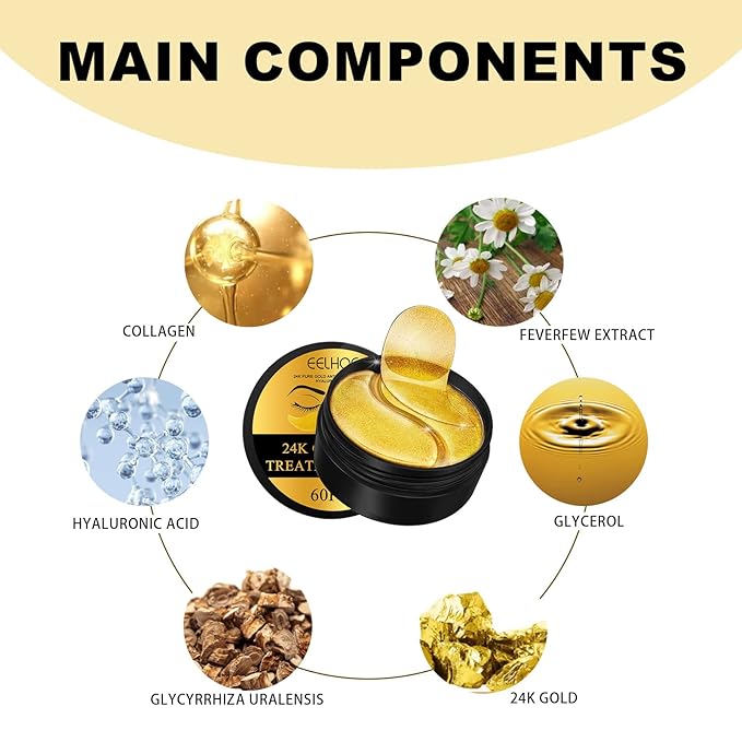 24k Gold Under Eye Patches, 60 Pcs Eye Gels, Anti-Aging Collagen Hyaluronic Acid Under Eye Mask, Under Eye Mask for Dark Circles and Puffiness, Eye Bags, Wrinkles
