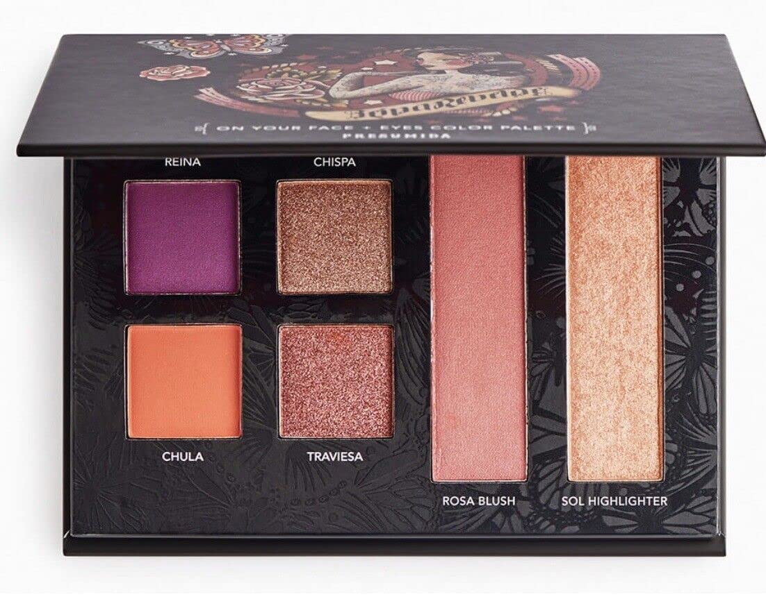 Reina Rebelde Multi-Palette Face + Eyes Color Eyeshadow Blush & Highlighter Palette (Presumida) - Matte Violet, Matte Terracotta, Rose Gold Shimmer, Fire Shimmer, Mauve Blush, Warm Peach Highlight