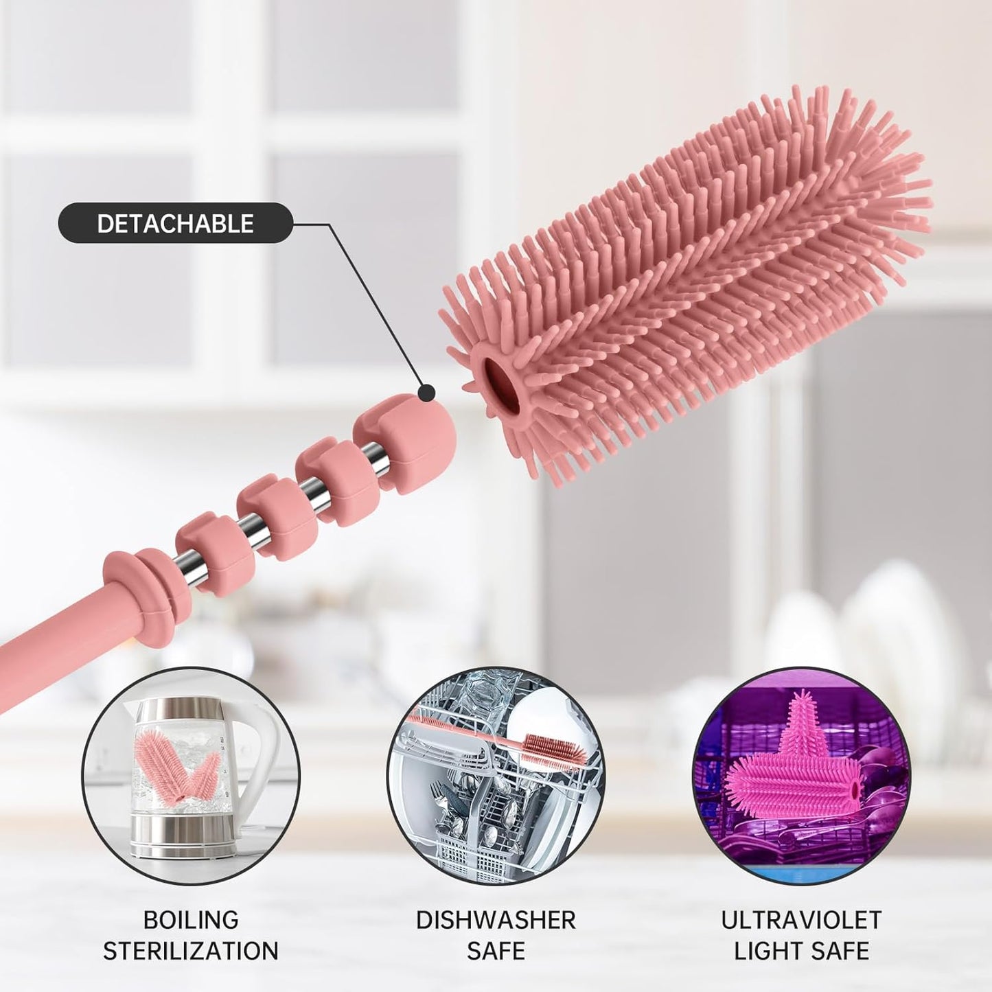 Baby Bottle Brush and Straw Cleaner Brush Set, Extra Long Double-Ended Soft Silicone Brush Cleaner for Baby Bottles, Water Bottles, Cups, Breast Pumps, Detachable & Hangable