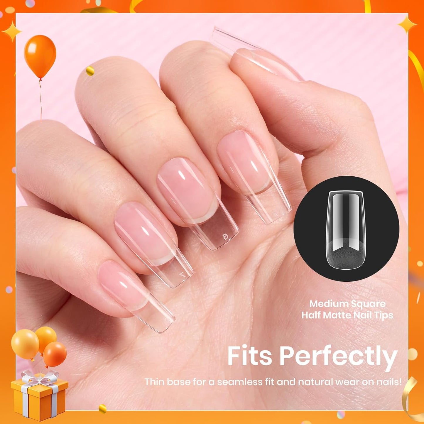Beetles Gel Nail Tips Etch-X, Square Medium, 288Pcs 12 Sizes, Pre-Etched Half Matte Soft Acrylic False Nail Tips Full Cover Easy DIY Fake Press On Fall Nail Extension Salon Gift for Women