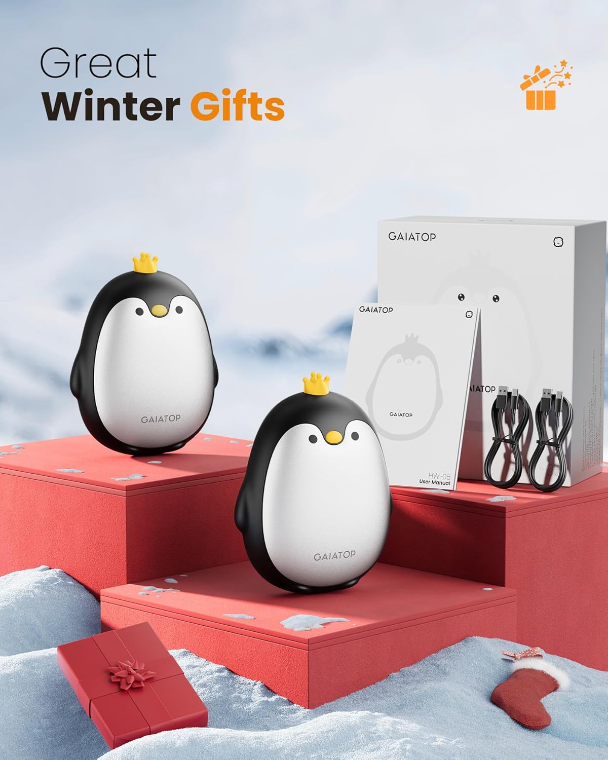 Gaiatop Magnetic Hand Warmers Rechargeable 2 Pack, 3 Settings Pocket-Sized Cute Penguin, Fast Hot Hands Reusable Portable Electric Heater for Camping Hunting Golf, Gifts for Women Men