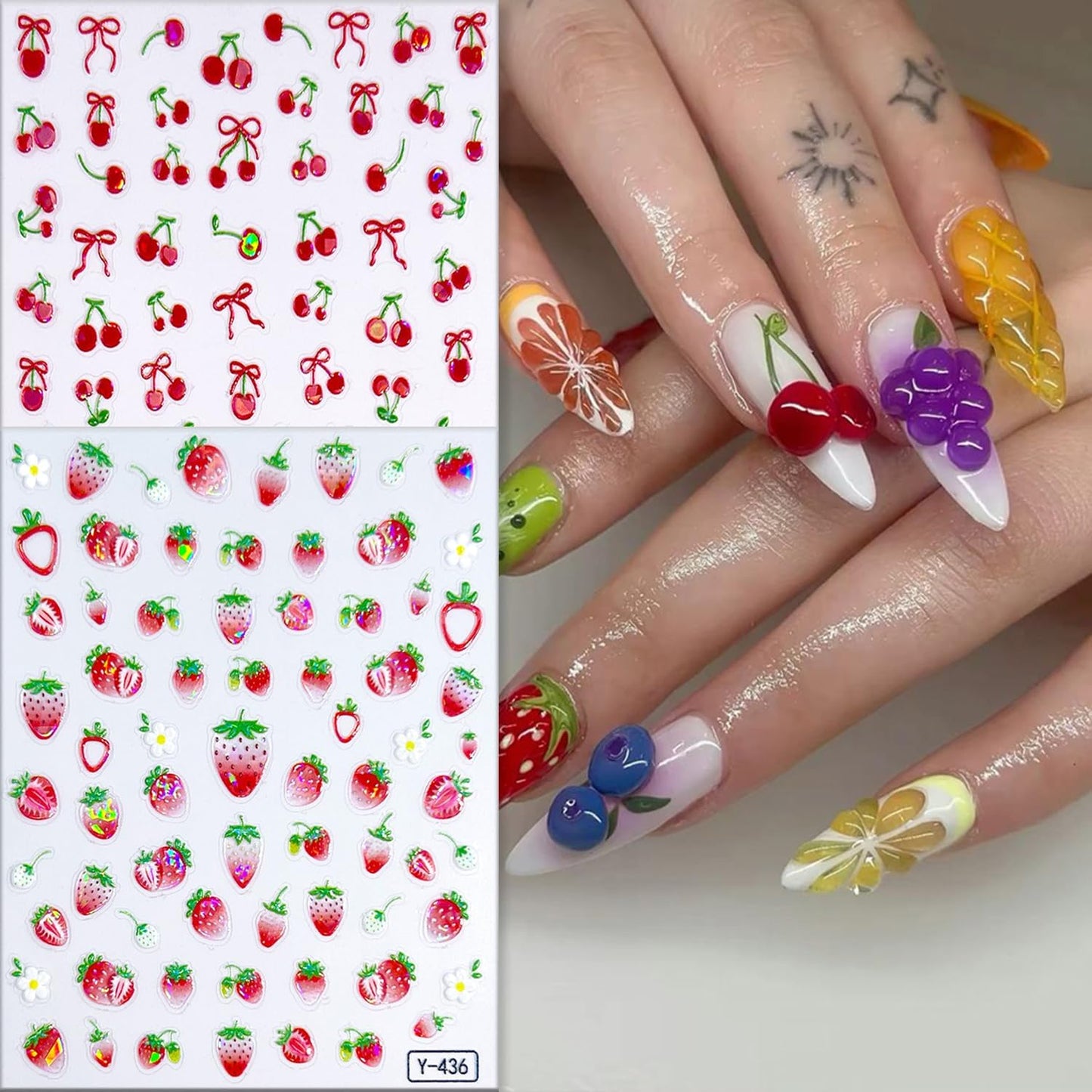6Sheets Summer Fruit Nail Art Stickers 3D Self -Adhesive Cherry Strawberry Lemon Nail Decals Holographic Cute Peach Watermelon Nail Stickers Fruit Nail Decals Decoration for Women Manicure Supplies