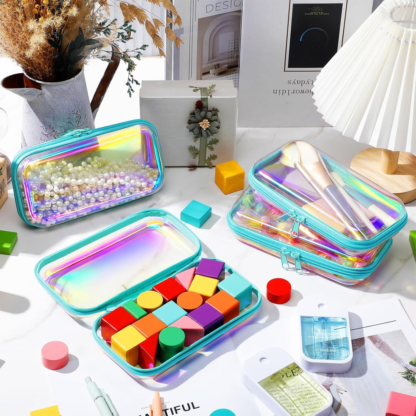 Hoolerry 4 Pcs Hard Clear Zipper Case Makeup Bags Plastic Pencil Pouch Transparent Storage Box Containers for Cosmetics, Snacks, Building Blocks, Puzzles(Blue Laser,7.5 x 3.9 x 2 in)