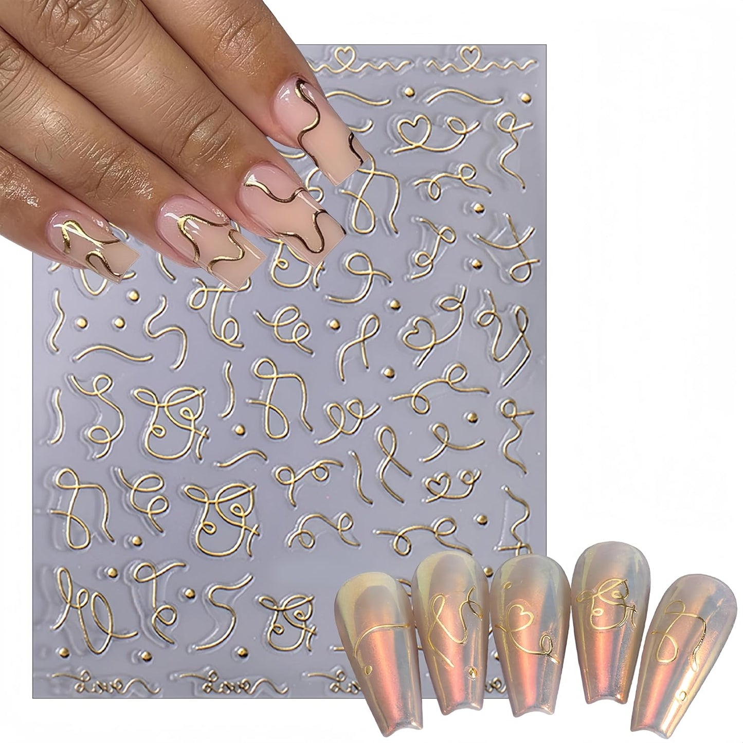8 Sheets French Line Nail Art Stickers 3D Self-Adhesive Exquisite Gold and Silver White Metallic Designs Nail Decals Irregular French Line Nail Supplies for Women and Girls DIY Nail Art Decoration