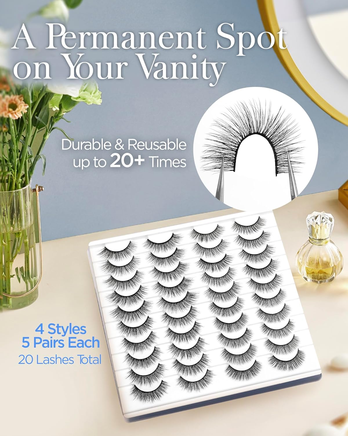 BEYELIAN False Eyelashes Natural Look 20 Pairs Strip Lashes, Wispy Lash Pack Soft 3D Volume Faux Mink Lashes