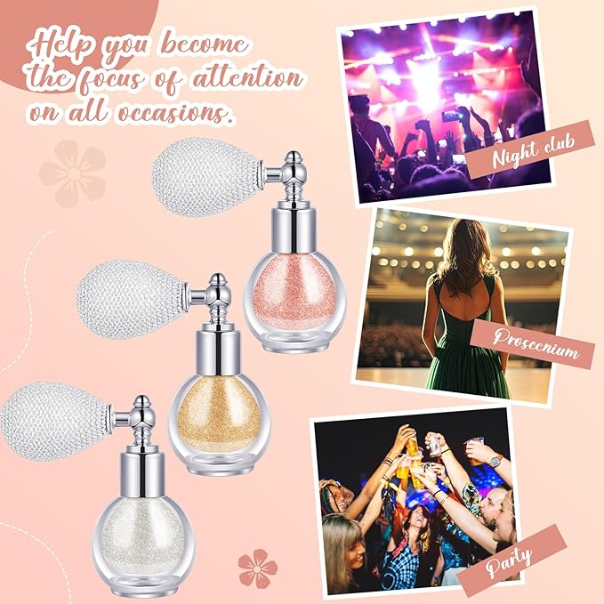3 Pcs Glitter Spray for Hair and Body, Highlighter Shimmering Spray Powder High Gloss Body Glitter Spray Sparkle Powder for Face Body Cosmetic, Champagne, Pearl White, Bronze Color