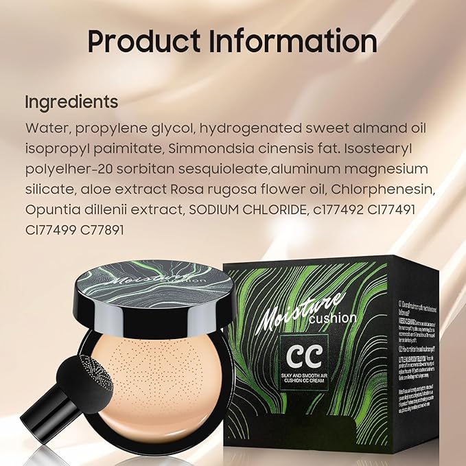 Air Cushion CC Cream Foundation - Mushroom Head BB Creams, Long Lasting Concealing Brightening, Moisturizer Face Cream,Facial Skin Care Makeup For All Skin Types (Buff Beige)