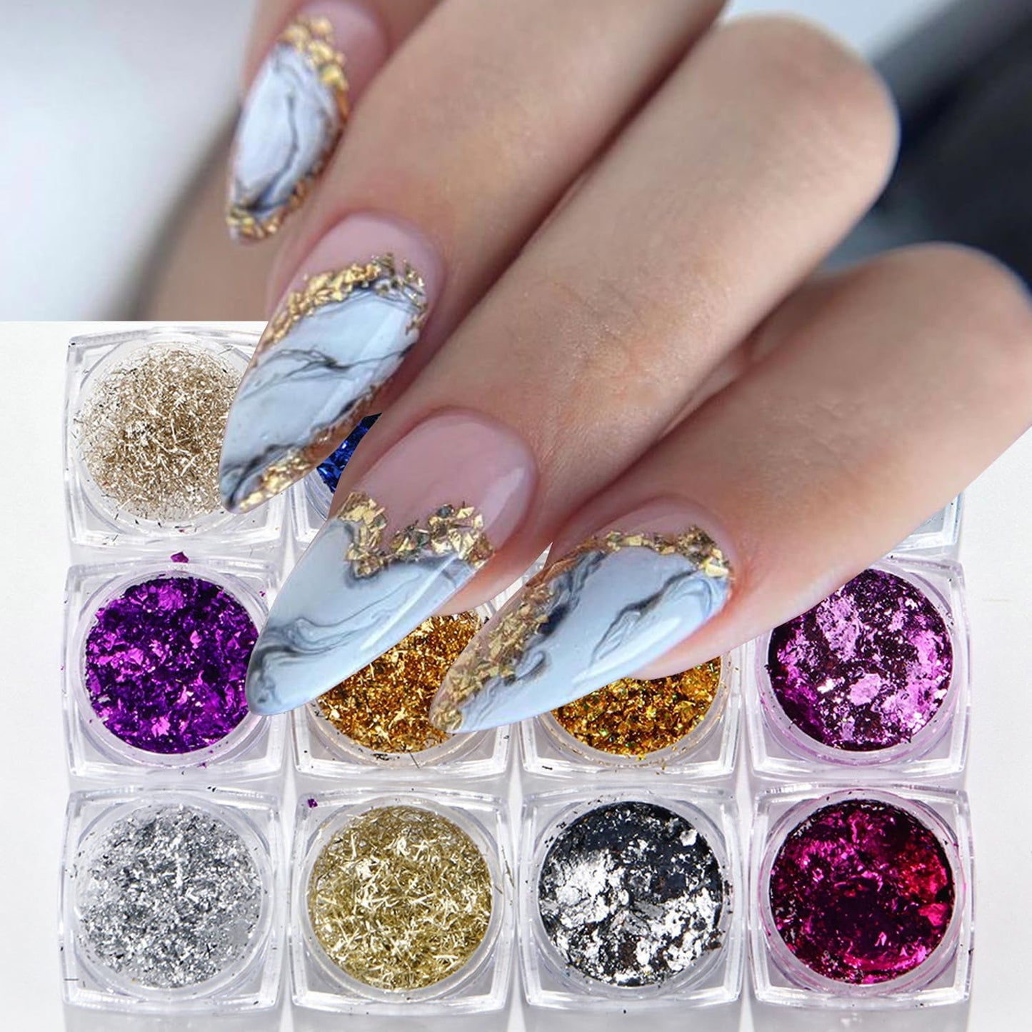 Holographic Nail Glitter Foils for Kit,12 Colors Sparkly Ultra-Thin Aluminum Foil Nail Art Flakes Design, Shiny Irregular Gold Sliver Foil Nail Sequins for Women DIY Manicure Tips Charms Decorations