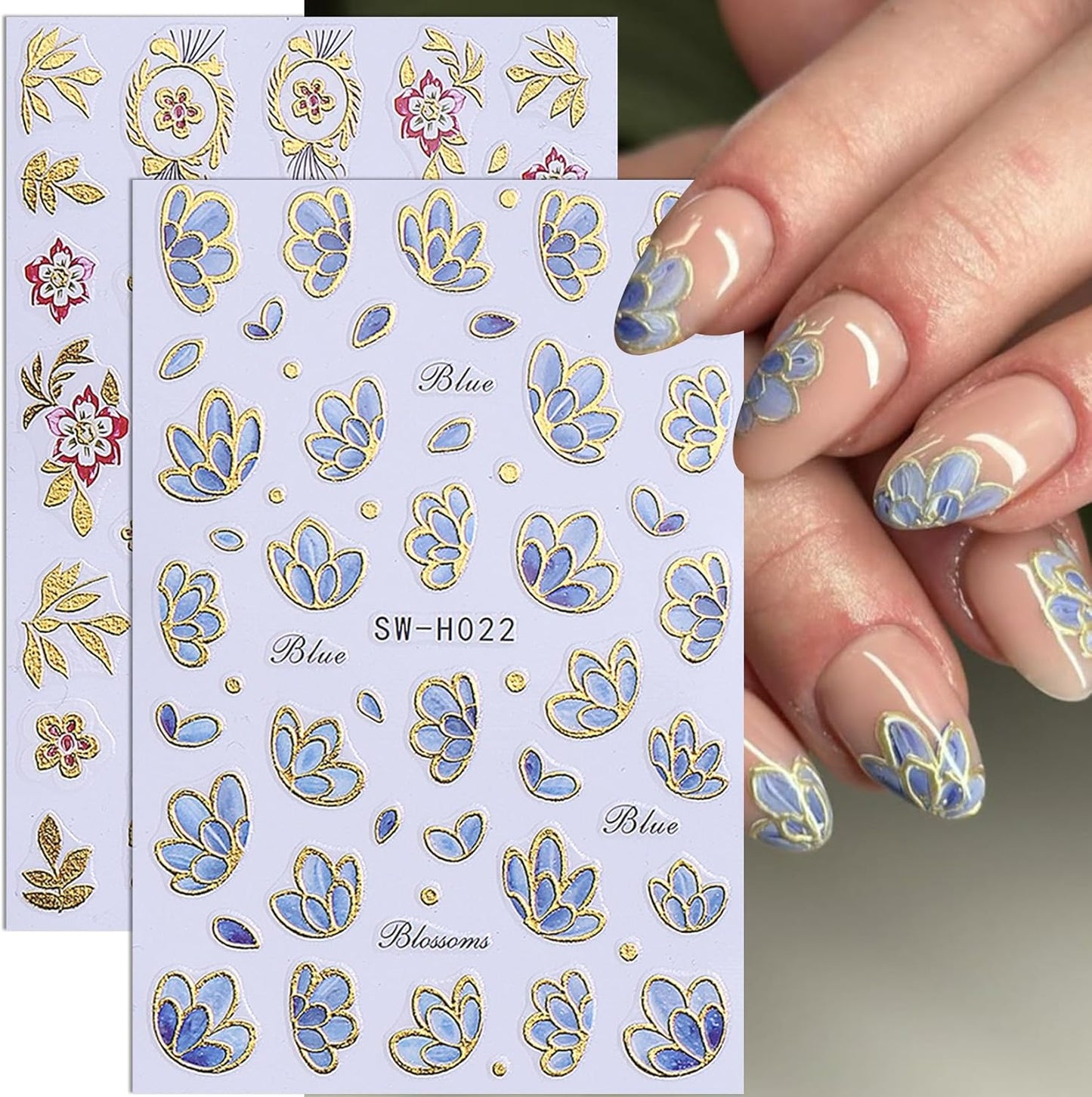 3D Flower Nail Art Stickers Decals Luxury Flower Petal Stickers with Tweezers 12 PCS Self Adhesive Pink Purple Blue Floral Gold Edge Decals Cherry Blossom Lily Summer DIY Manicure Nail Art Decoration