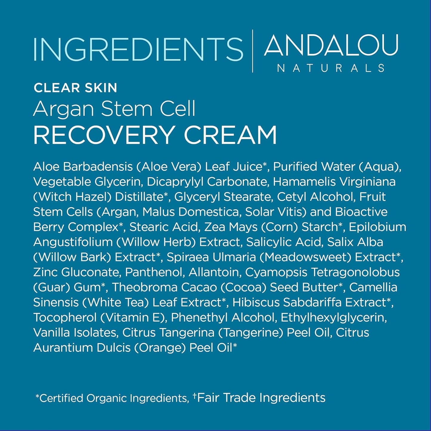 Andalou Naturals Argan Stem Cell Recovery Cream oz For Oily or Overreactive Skin Helps Clarify Cleanse Pores for Glowing Skin, Aloe Vera, 1.7 Ounce