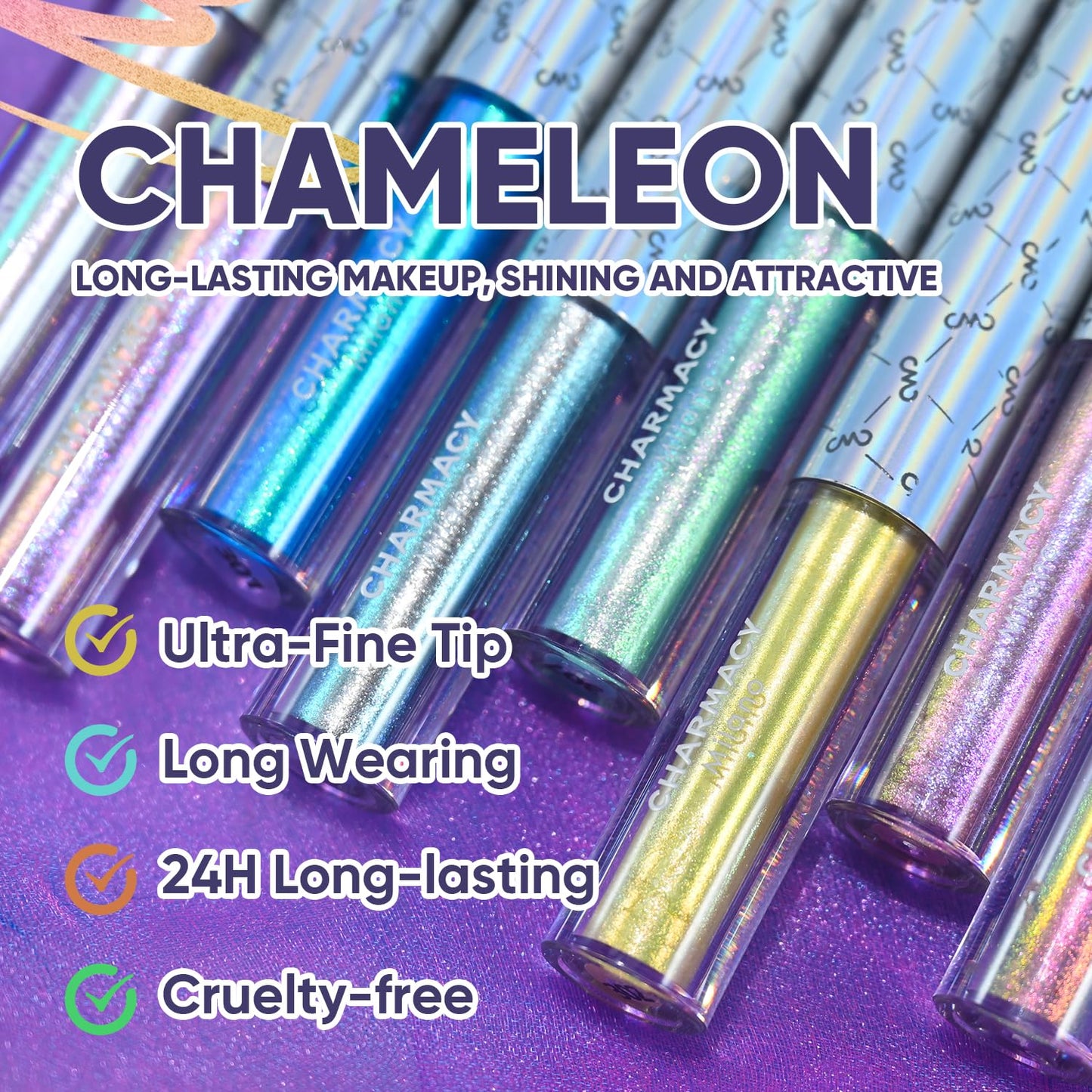 CHARMACY Chameleon Liquid Glitter Eyeliner - Highly Pigmented, Metallic MultiColor Shifting, Waterproof, Ultra-Fine Tip, Longwearing, Smudge-proof (#303)