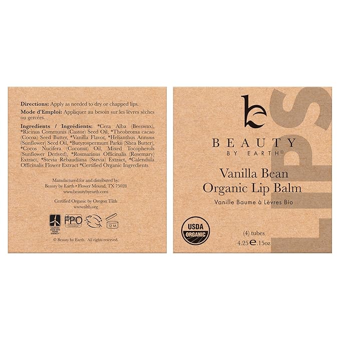 4 Pack Organic Vanilla Bean & Honey Lip Balm - Natural Lip Moisturizer Gifts for Men, Women & Kids