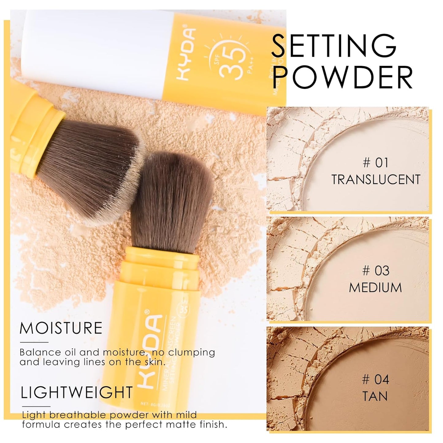 KYDA 2 Pcs Mineral Sunscreen Setting Powder, SPF 35, Translucent, Mineral Brush Powder, Oil Control Natural Matte Finish, Lasting Lightweight Breathable, All Skin, by Ownest Beauty
