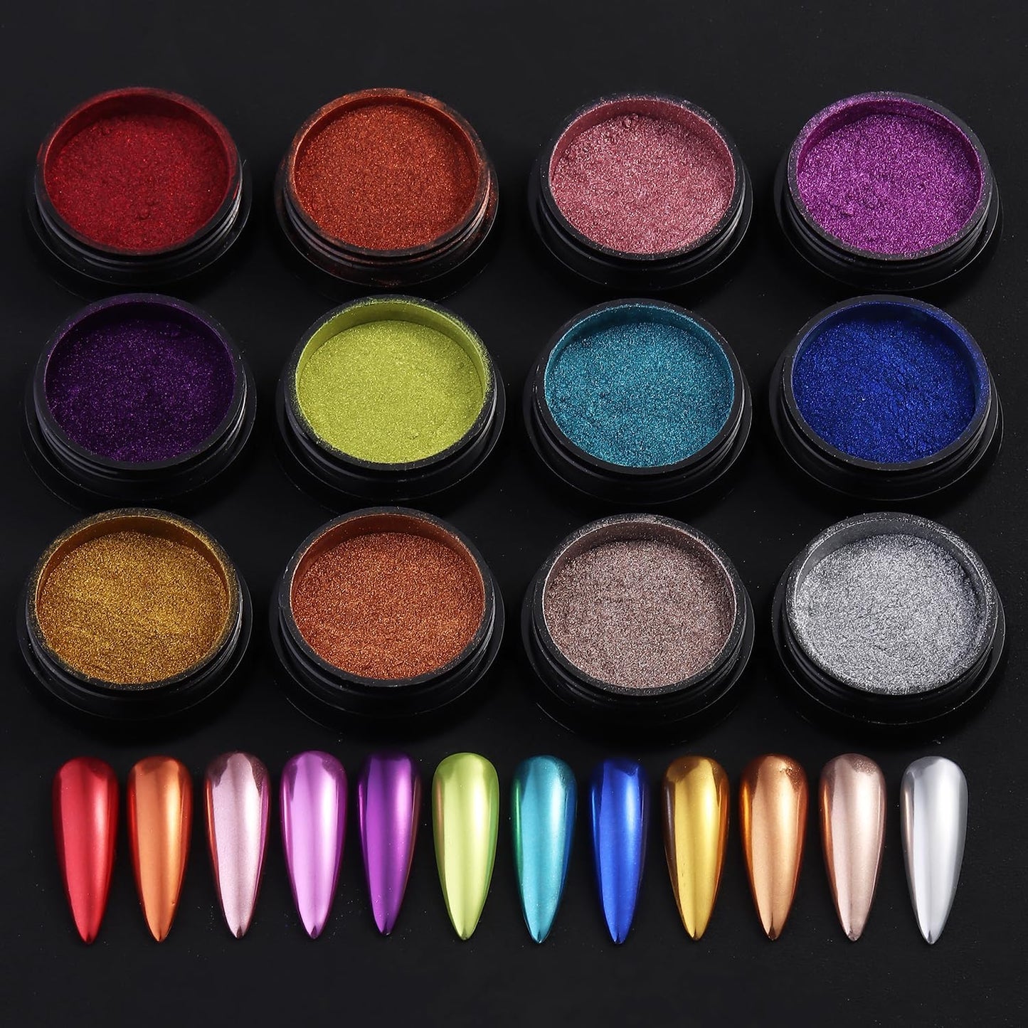 Chrome Nail Powder Set 12 Colors Gold Silver Bronze Chrome Powder for Nails Metallic Nail Glitter Red Green Blue Mirror Rub Pigment with 2PCS Extra Fine White Sugar Powder Nail Design