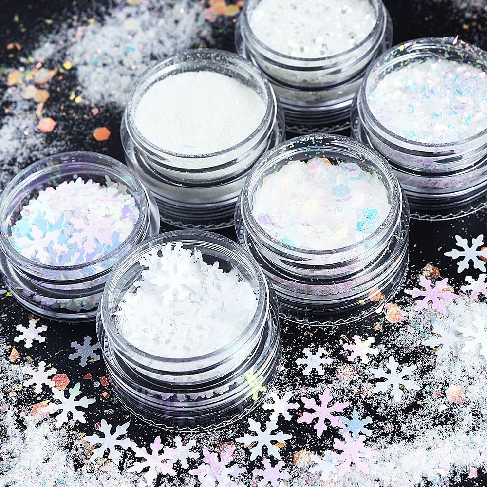 Christmas Nail Art Glitters Sequins, 12Boxes Winter Nail Art Decoration Flakes 3D Snowflake Nail Decals Red Green Nails Art Designs Holographic Christmas White Snowflake Glitters for Nails Decorations