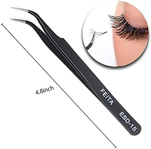 Eyelash Tweezers - FEITA Precision Eyelash Extension Tweezers Set - Professional Straight & Curved Pointed Very Fine Tip Tweezers for Lash Extensions - Black - 2Pcs