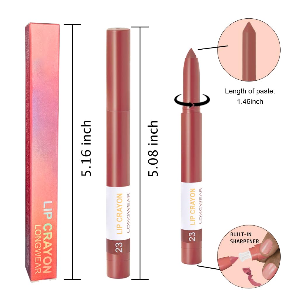 BINGBRUSH Lip Crayons Matte Longwear Lipstick Pack Set,Moisture Smooth Lipliner With Built-in Sharpener Ultimate Super Stay Ink Lip Crayon for Makeup- Waterproof Velvet Lipgloss Lip Stain(23#Brown)