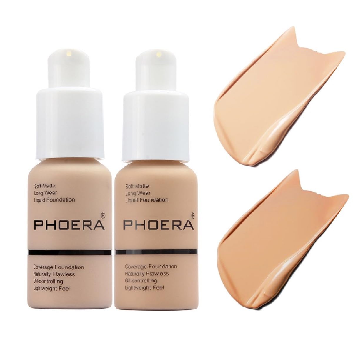 2 Pack PHOERA Foundation 102# Nude and 104# Buff Beige,Flawless Soft Matte Liquid Foundation 24 HR Oil Control Concealer Foundation Makeup.