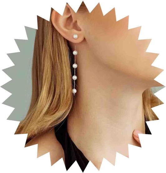 Boho Long Pearl Drop Earrings Vintage Gold Tassel Pearl Dangle Earrings Statement Pearl Chain Drop Dangle Earrings Wedding Prom Bridal Pearl Hook Earrings Jewelry for Women