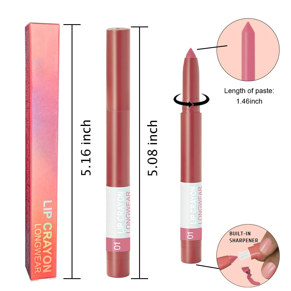 BINGBRUSH Matte Lip Crayon Set – Longwear, Waterproof, Velvet Finish, Built-in Sharpener, Smooth Lip Liner & Gloss (01#+02#, 2 Count (Pack of 1))