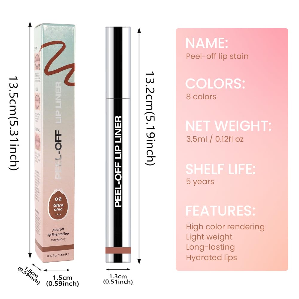Matte Lip Stain Peel Off Lip Liner, Brown Peel Off Lip Stain Tattoo,Long Lasting & Waterproof Peel Off Lip Gloss Lip Liner,Transfer-Proof All Skin Types.0.12 fl oz #02