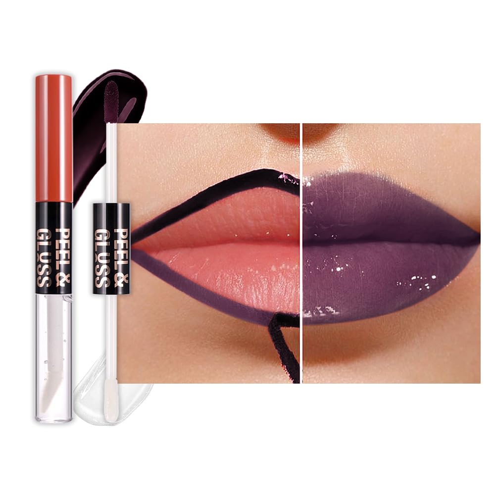 Lip Stain Peel Off Lip Gloss oil Dual-Ended Combo, Deep Berry Lips Liner Stain Peel Off Tattoo, Long Lasting & Waterproof, Transfer-Proof Lip Tint Stain with Lip oil for All Skin Type 08#