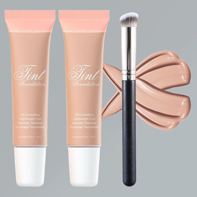 2 Pack Liquid Foundation Cream with Foundation Brush for Face Makeup,Durable Full Coverage Matte Concealer Make Up,Oil Control & Waterproof Base Primer -1 Fl.Oz (#04)