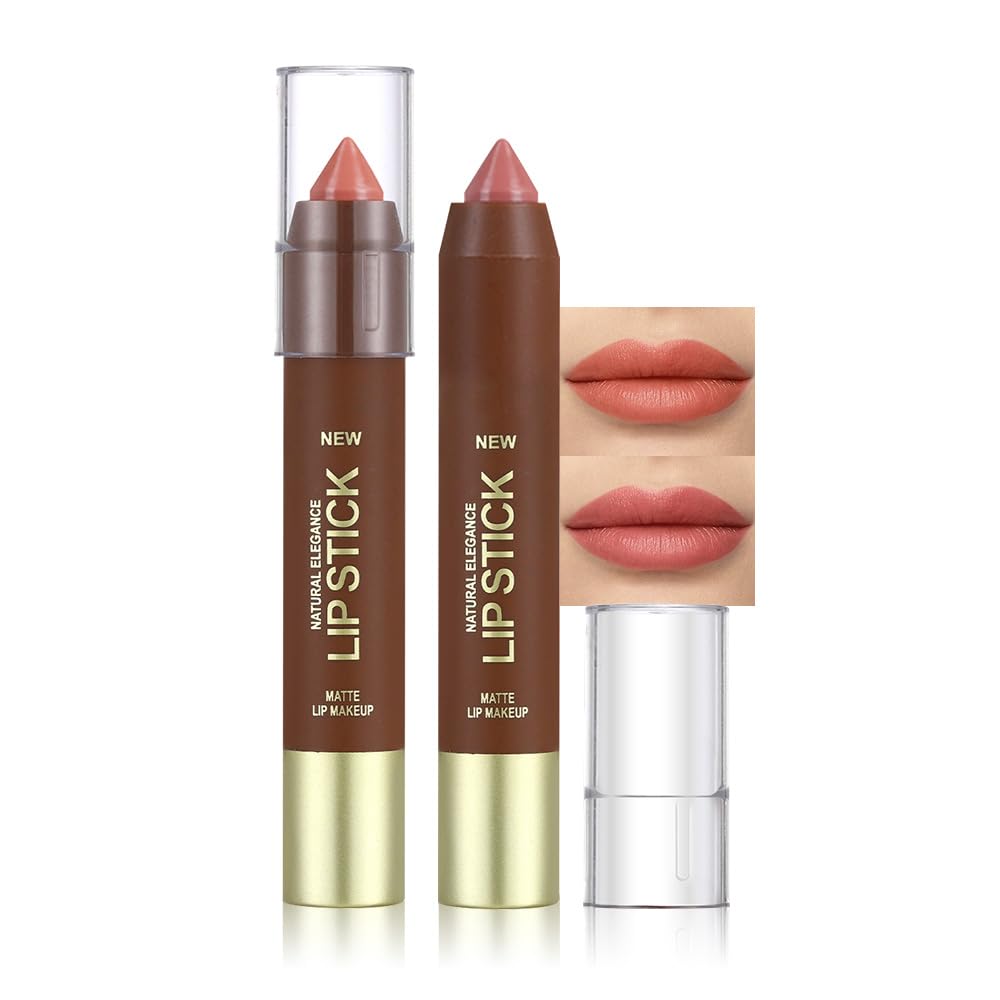 2Pcs Matte Lipstick Crayon Set for Women, Coral Pink Nude Pink 24 Hour Lipstick Lip Liner Pencil, Neutral Lip Stick Lipliner Long Lasting Waterproof Smudge Proof, Vegan & Cruelty-Free, 02+03