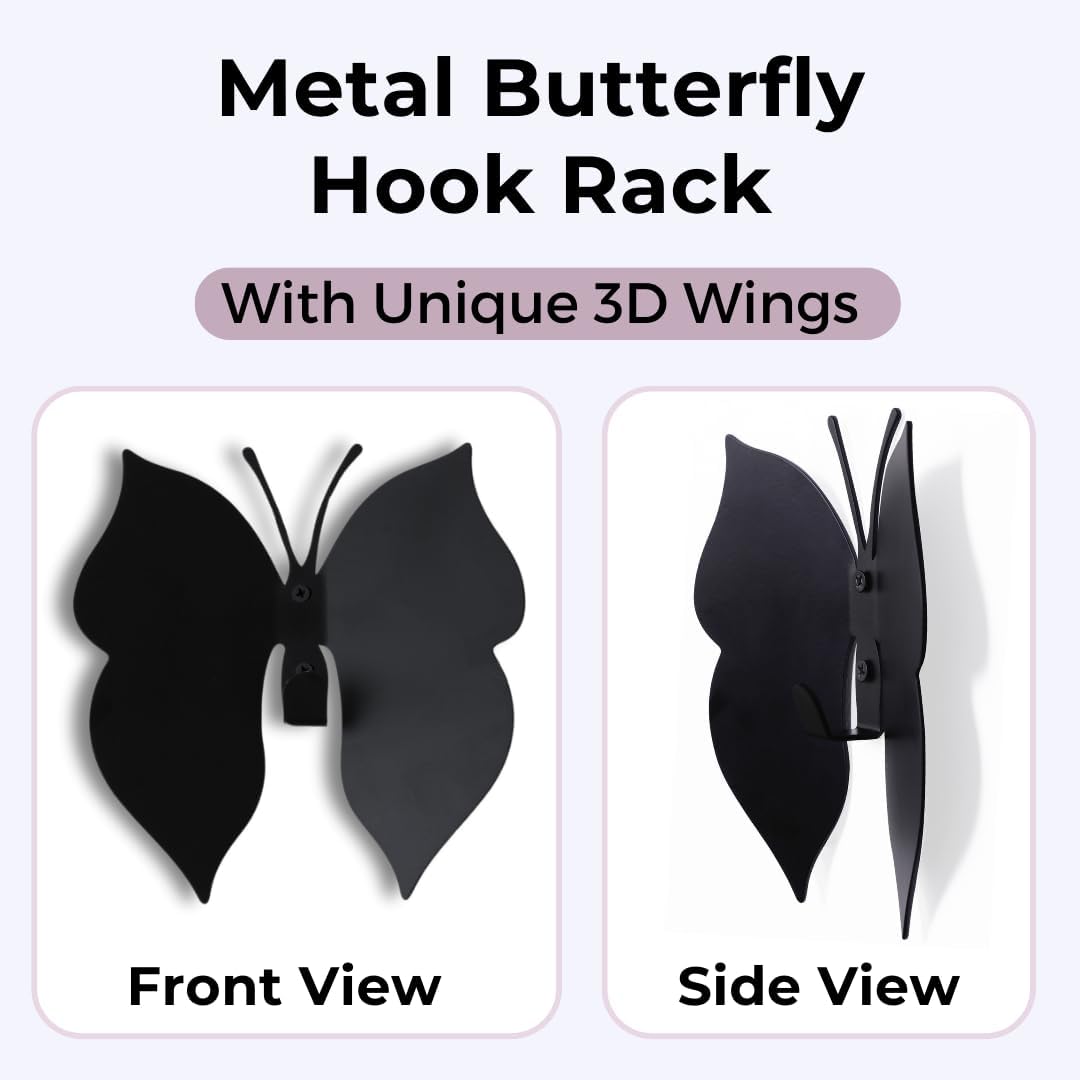 Butterfly 3D Black Butterfly Wall Hooks: Girl’s Bedroom Double-Hook Coat Rack Mount for Hanging Coat,Clothing,Backpacks,Purses,Jewelry,Towels, Girls Room DécorCut-Out Metal 2 Hangers