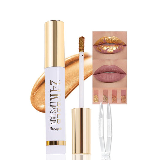 2025 New 24K Gold Liquid Lip Gloss Peel Off Lip Stain Tattoo with Tweezer, Mauve Lips Stain Peel Off Masque, Long Lasting Waterproof Lip Tint Stain, Transfer-proof for All Skin Types 04#