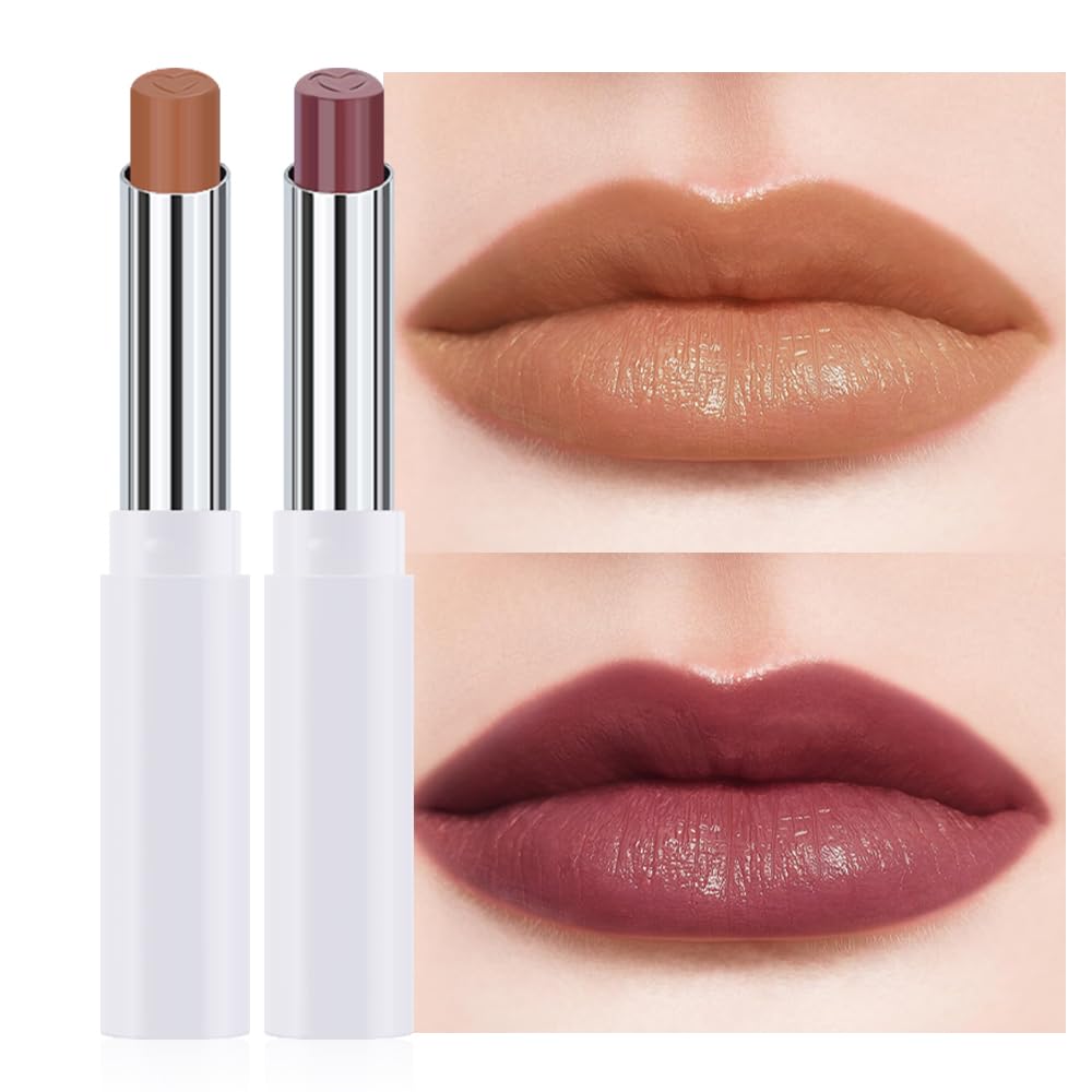 2Pcs Tinted Lip Balm Moisturizing Lipstick – Waterproof Hydrating Matte Lip Balm for Women, Creamy Natural Color Stain for Dry Lips, Soft Matte Finish (1# Warm Orange Nude Brown & 4# Mauve)
