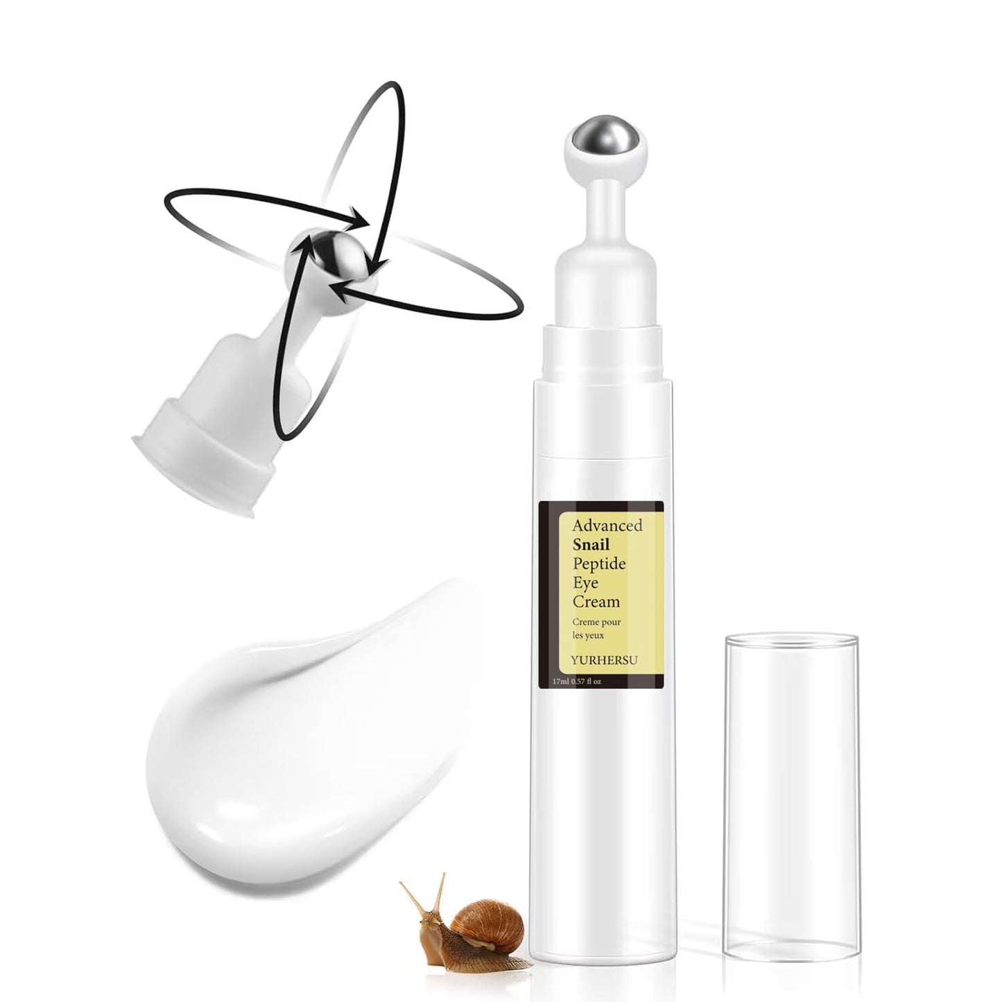 Snail Peptide Under Eye Cream with 73% Snail Mucin & 2% Nicotinamide for Dark Circles, Puffiness & Wrinkles, with 360° Massaging Roller Ball, 0.57 fl oz