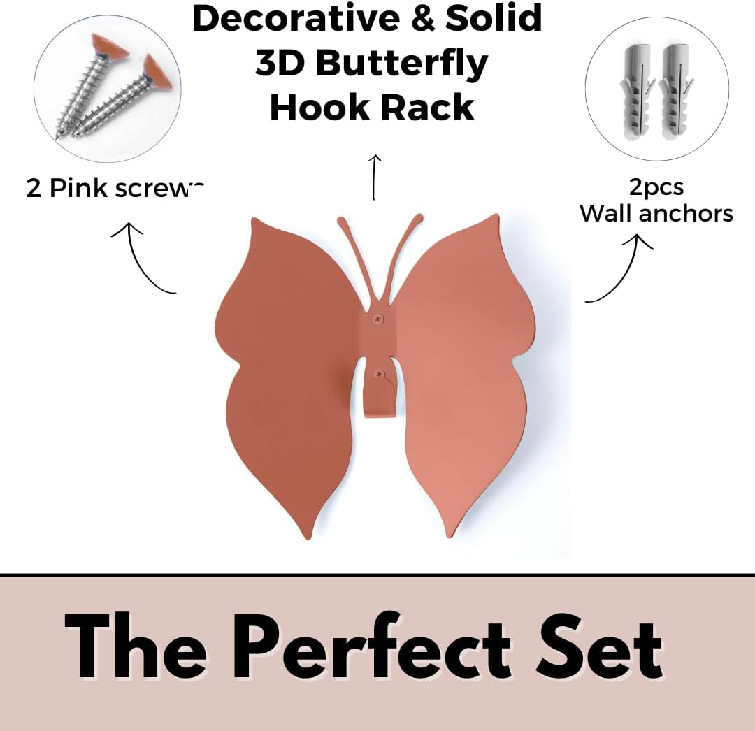 Butterfly 3D Blush Pink Butterfly Wall Hooks: Girl’s Bedroom Double-Hook Coat Rack Mount for Hanging Coat,Clothing,Backpacks,Purses,Jewelry,Towels, Girls Room DécorCut-Out Metal 2 Hangers