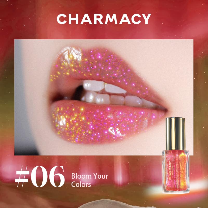CHARMACY Aurora Chameleon Moisturizing Lip Gloss, MultiColor Shifting Shimmer Lip Gloss, Hydrating Non-Sticky Formula Glitter Lip Glaze, Easy to Apply, Long-Lasting, High-Shine Sheer Finish #06