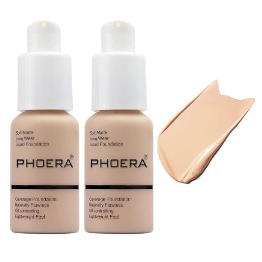 2 Pack PHOERA Foundation, Flawless Soft Matte Liquid Foundation Makeup for Women.(102# Nude)